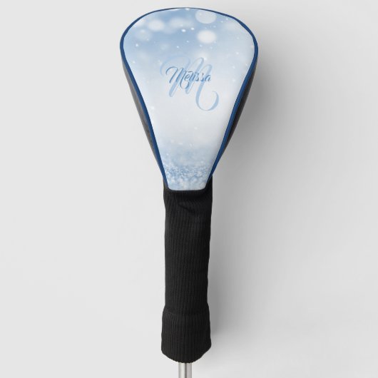 Blue Glitter Lake Bokeh Lights Jouw naam Monogram. Golfheadcover (Voorkant)