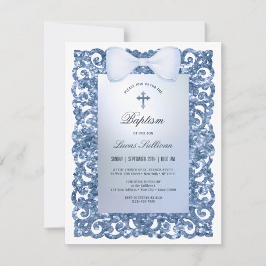 Blue Glitter Lijst Bow doop Kaart (Voorkant)