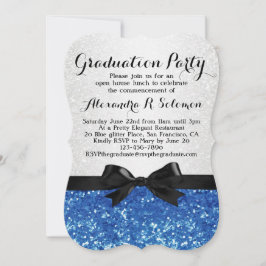 Blue Glitter-look Bow Graduation Party Invitation Kaart