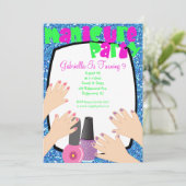 Blue Glitter Manicure Spa Birthday Party Kaart (Staand voorkant)
