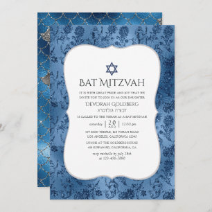 Blue Glitter Mermaid Pattern Bat Mitzvah Kaart