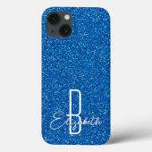 Blue Glitter Monogram Hoesje-Mate iPhone Case (Achterkant)
