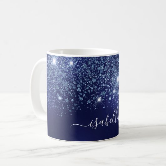 Blue glitter monogram name script koffiemok (Voorkant links)