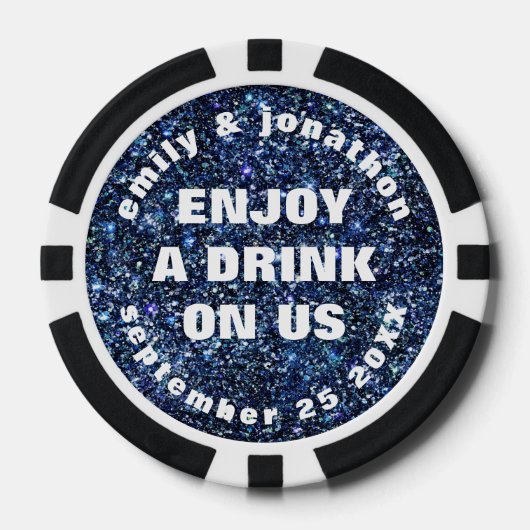 Blue Glitter Namen Datum Bruiloft Drink Token (Voorkant)