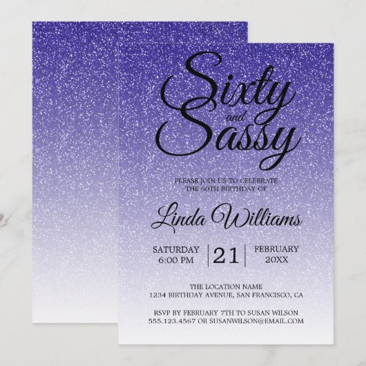 Blue Glitter Ombre 60 en Sassy 60th Birthday Kaart (Voorkant / Achterkant)