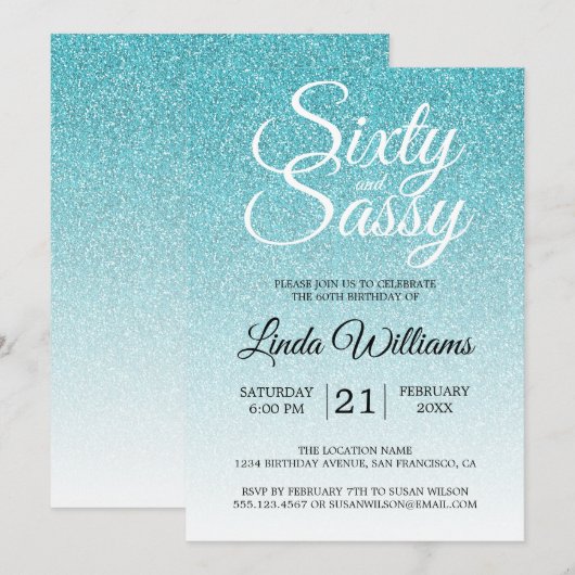 Blue Glitter Ombre 60 en Sassy 60th Birthday Kaart (Voorkant / Achterkant)