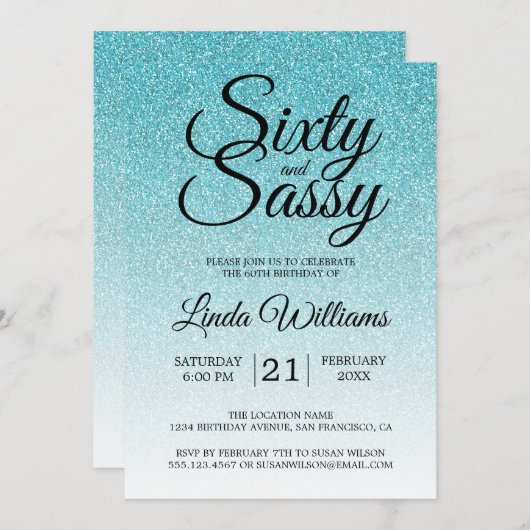 Blue Glitter Ombre 60 en Sassy 60th Birthday Kaart (Voorkant / Achterkant)