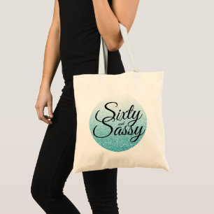 Blue Glitter Ombre 60 en Sassy 60th Birthday Tote Bag