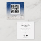 Blue Glitter Ombre Cursive QR CODE sociaal pictogr Vierkante Visitekaartje (Voorkant / Achterkant)