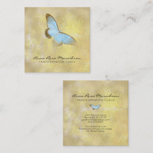 *~* Blue Glitter Pastel Gilded Butterfly Fantasy Vierkante Visitekaartje (Voorkant / Achterkant)
