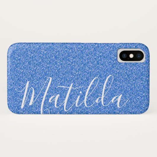 Blue Glitter Personalized Name Script Case-Mate iPhone Case (Achterkant (horizontaal))