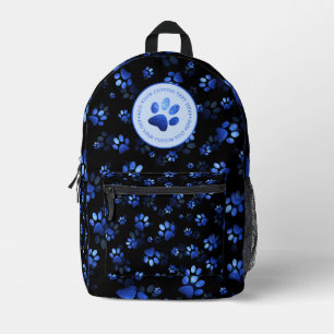 Blue Glitter Pet Paw print op zwarte achtergrond Bedrukte Rugzak