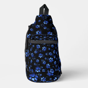 Blue Glitter Pet Paw print op zwarte achtergrond Sling Bag