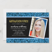 Blue Glitter Photo Graduparty Invitation Kaart (Voorkant)