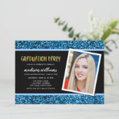 Blue Glitter Photo Graduparty Invitation Kaart (Staand voorkant)