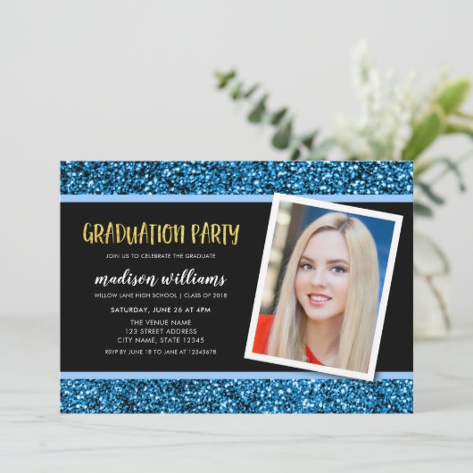 Blue Glitter Photo Graduparty Invitation Kaart (Staand voorkant)