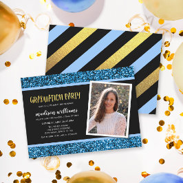 Blue Glitter Photo Graduparty Invitation Kaart