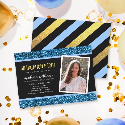 Blue Glitter Photo Graduparty Invitation Kaart
