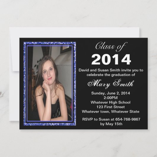 Blue Glitter Photo Lijst Afstuderen Invitation Kaart (Voorkant)