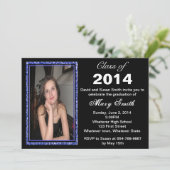 Blue Glitter Photo Lijst Afstuderen Invitation Kaart (Staand voorkant)