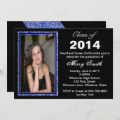 Blue Glitter Photo Lijst Afstuderen Invitation Kaart (Voorkant / Achterkant)
