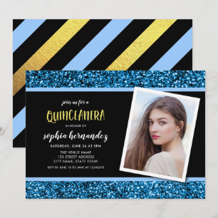 Blue Glitter Photo Quinceanera Invitation Kaart