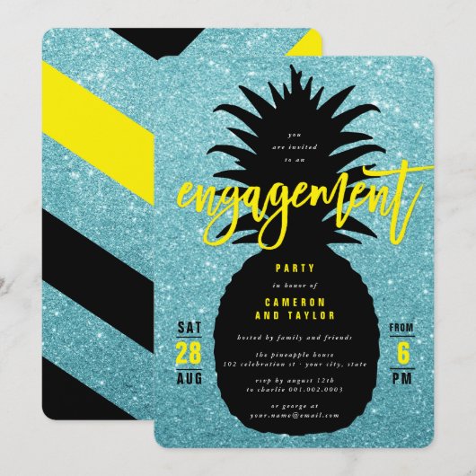 Blue Glitter Pineapple Chic Wedding Shower Invite Kaart (Voorkant / Achterkant)
