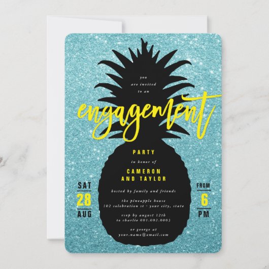 Blue Glitter Pineapple Chic Wedding Shower Invite Kaart (Voorkant)