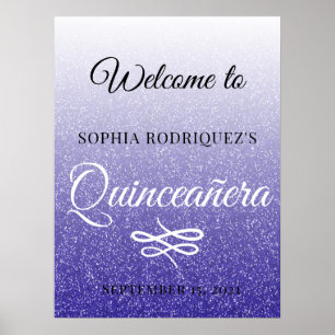 Blue Glitter Quinceañera 15th Birthday Welcome Poster