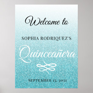Blue Glitter Quinceañera 15th Birthday Welcome Poster