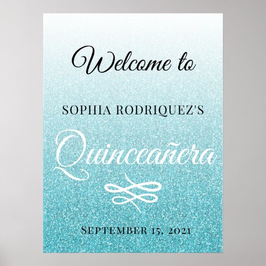 Blue Glitter Quinceañera 15th Birthday Welcome Poster (Voorkant)