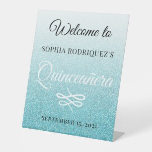 Blue Glitter Quinceañera 15th Birthday Welcome Reclamebord Met Voetstuk