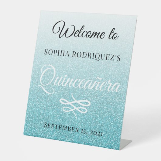 Blue Glitter Quinceañera 15th Birthday Welcome Reclamebord Met Voetstuk (Voorkant)