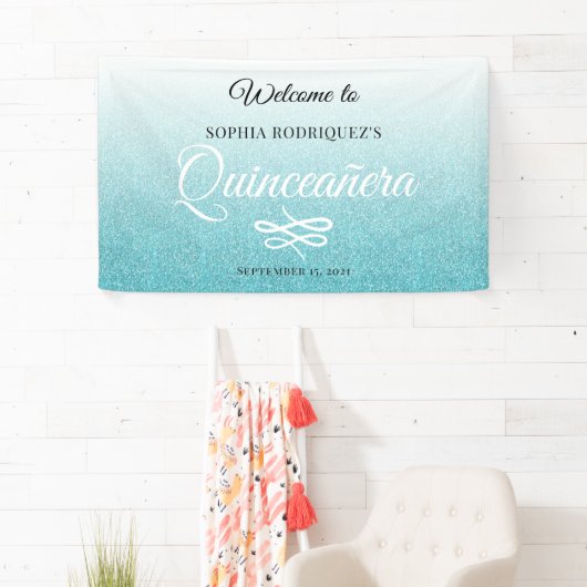 Blue Glitter Quinceañera 15th Birthday Welcome Spandoek (Insitu)