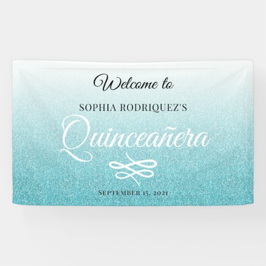 Blue Glitter Quinceañera 15th Birthday Welcome Spandoek (Horizontaal)