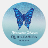 Blue Glitter Quinceañera Butterfly Ronde Sticker (Voorkant)