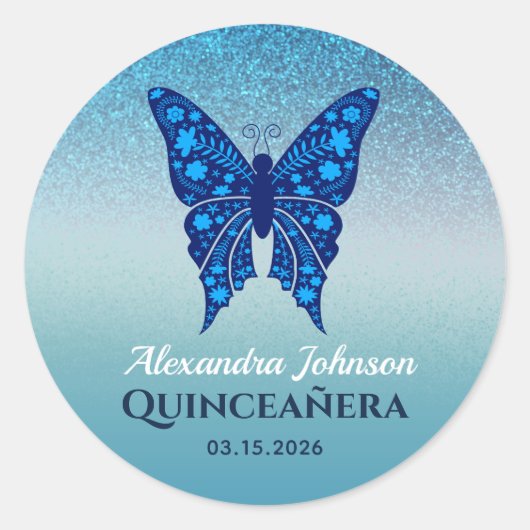 Blue Glitter Quinceañera Butterfly Ronde Sticker (Voorkant)