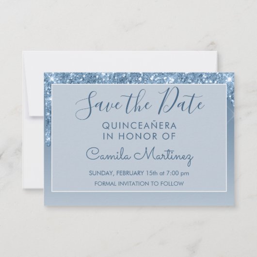 Blue Glitter Quinceanera Sla de datum op Kaart (Achterkant)