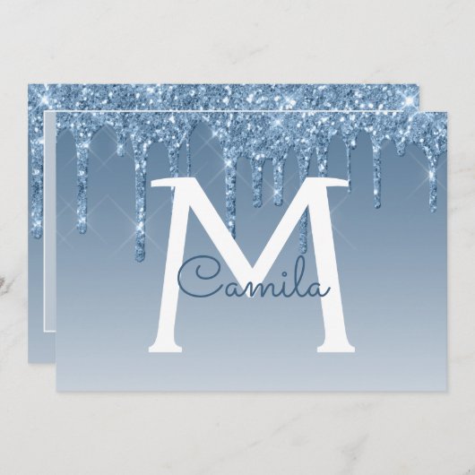 Blue Glitter Quinceanera Sla de datum op Kaart (Voorkant / Achterkant)