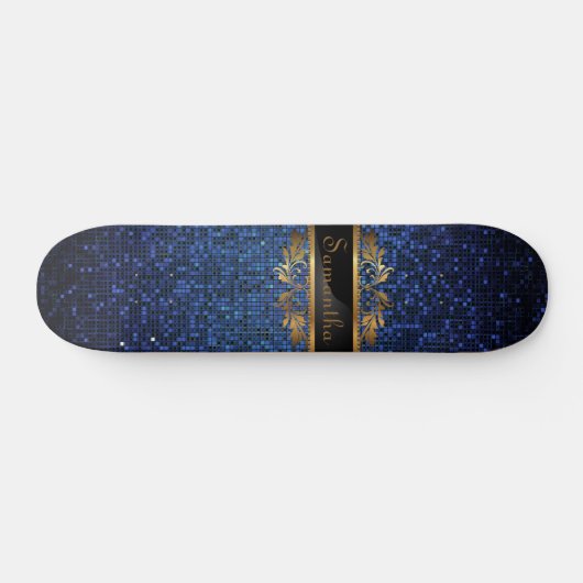Blue Glitter Sequin Disco Old School Skateboard (Horizontaal)
