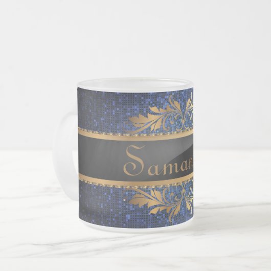 Blue Glitter Sequin Frosted Glass Coffee Mok Cup (Voorkant links)