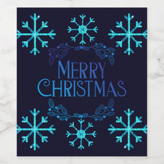 Blue Glitter Snowflakes Wijn Etiket (Enkel label)