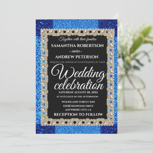 Blue Glitter Sparking Pearls bruiloft Kaart (Staand voorkant)