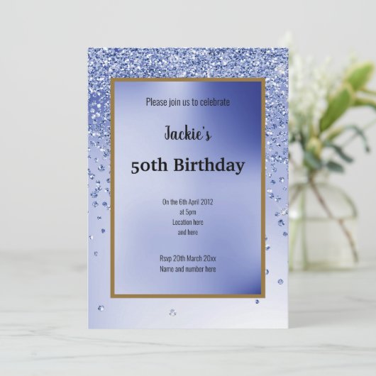 Blue Glitter Sparkle Elegant 50th Birthday Kaart (Staand voorkant)