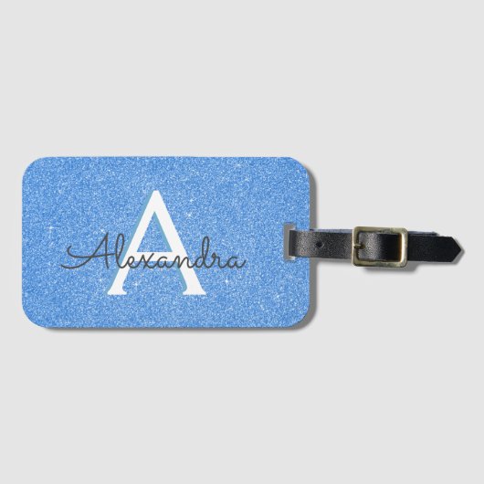 Blue Glitter Sparkle Monogram Naam en Initiaal Bagagelabel (Voorkant (horizontaal))