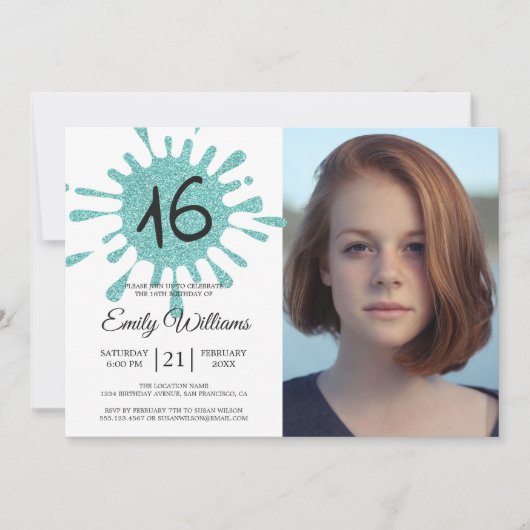 Blue Glitter Splash Sweet 16 16th Birthday Party Kaart (Voorkant)