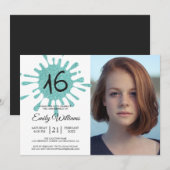 Blue Glitter Splash Sweet 16 16th Birthday Party Kaart (Voorkant / Achterkant)