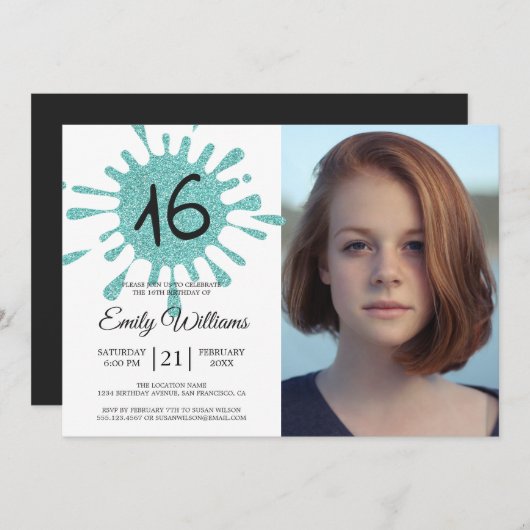 Blue Glitter Splash Sweet 16 16th Birthday Party Kaart (Voorkant / Achterkant)