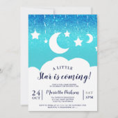 Blue glitter star moon cloud baby shower kaart (Voorkant)