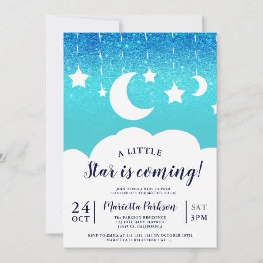 Blue glitter star moon cloud baby shower kaart (Voorkant)